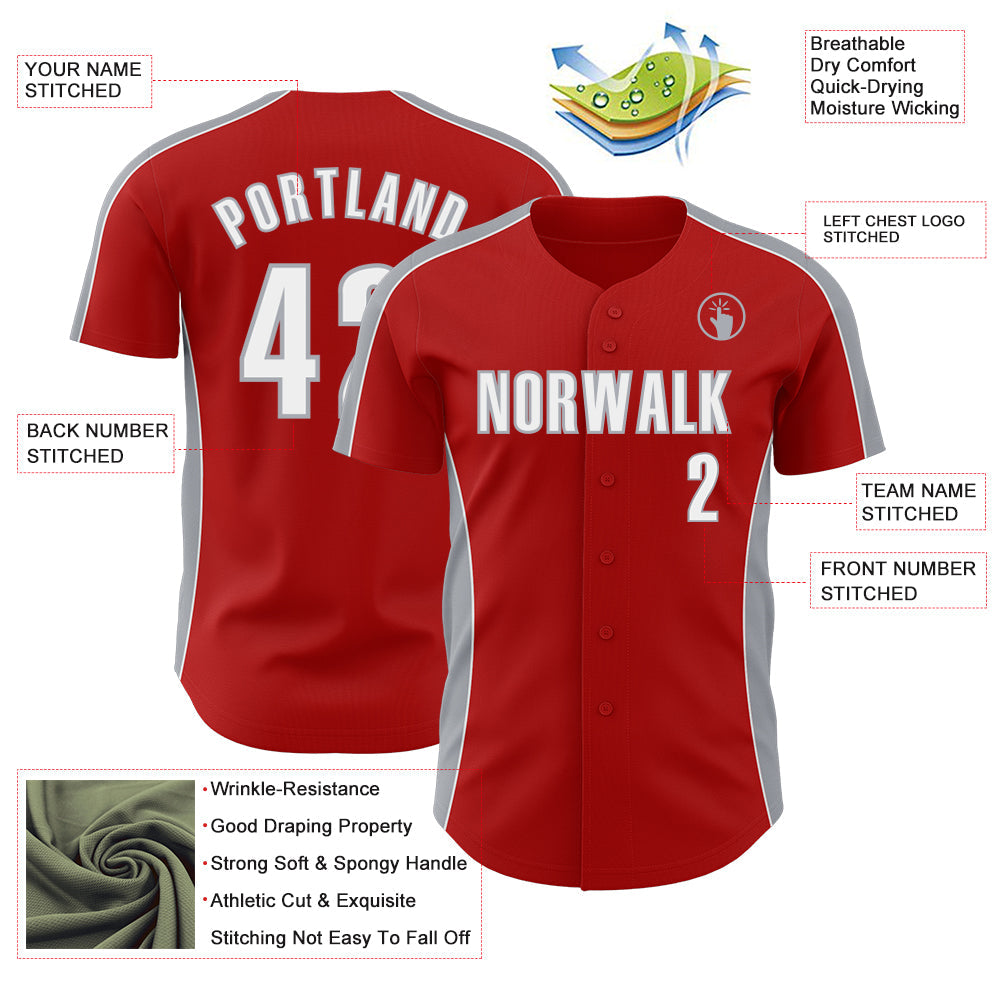 Custom Red White-Gray Classic Color Block Side Panel Stripe Authentic Baseball Jersey view 3