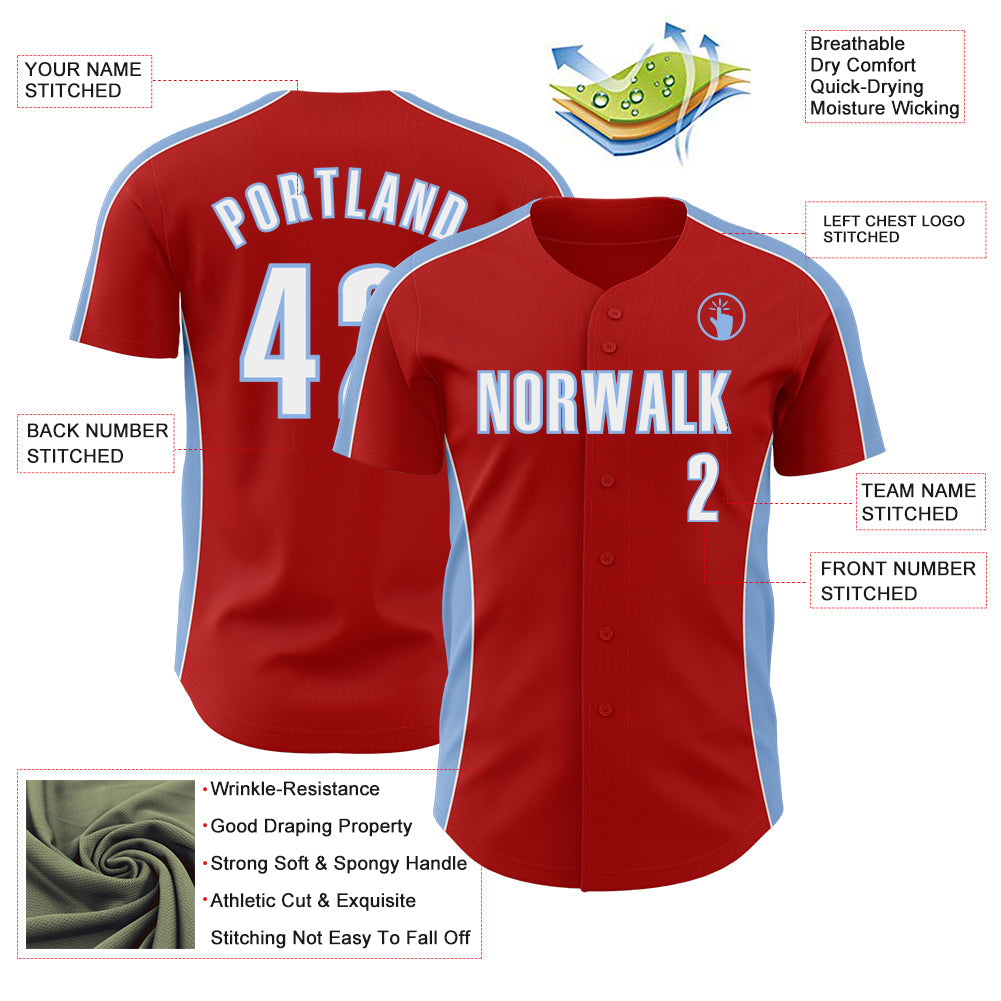 Custom Red White-Light Blue Classic Color Block Side Panel Stripe Authentic Baseball Jersey view 3