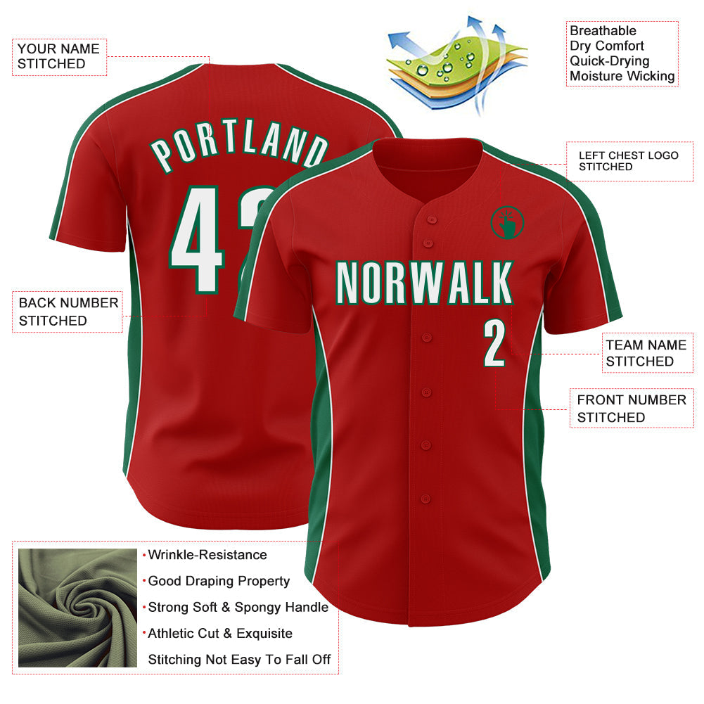 Custom Red White-Kelly Green Classic Color Block Side Panel Stripe Authentic Baseball Jersey view 3