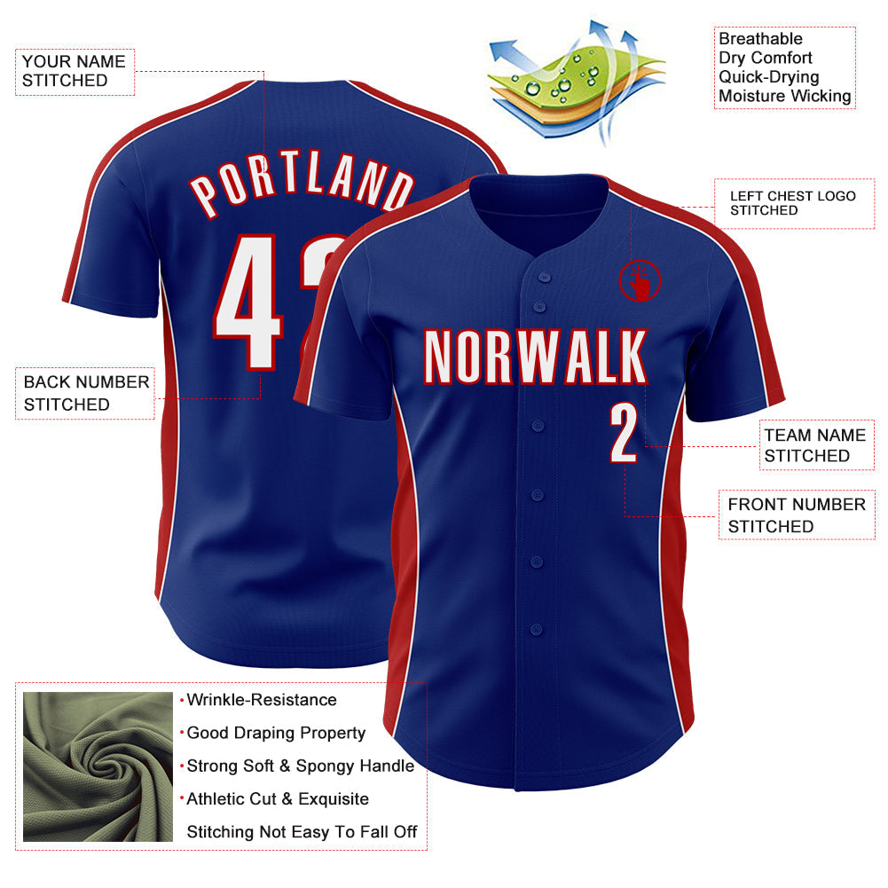 Custom Royal White-Red Classic Color Block Side Panel Stripe Authentic Baseball Jersey view 3