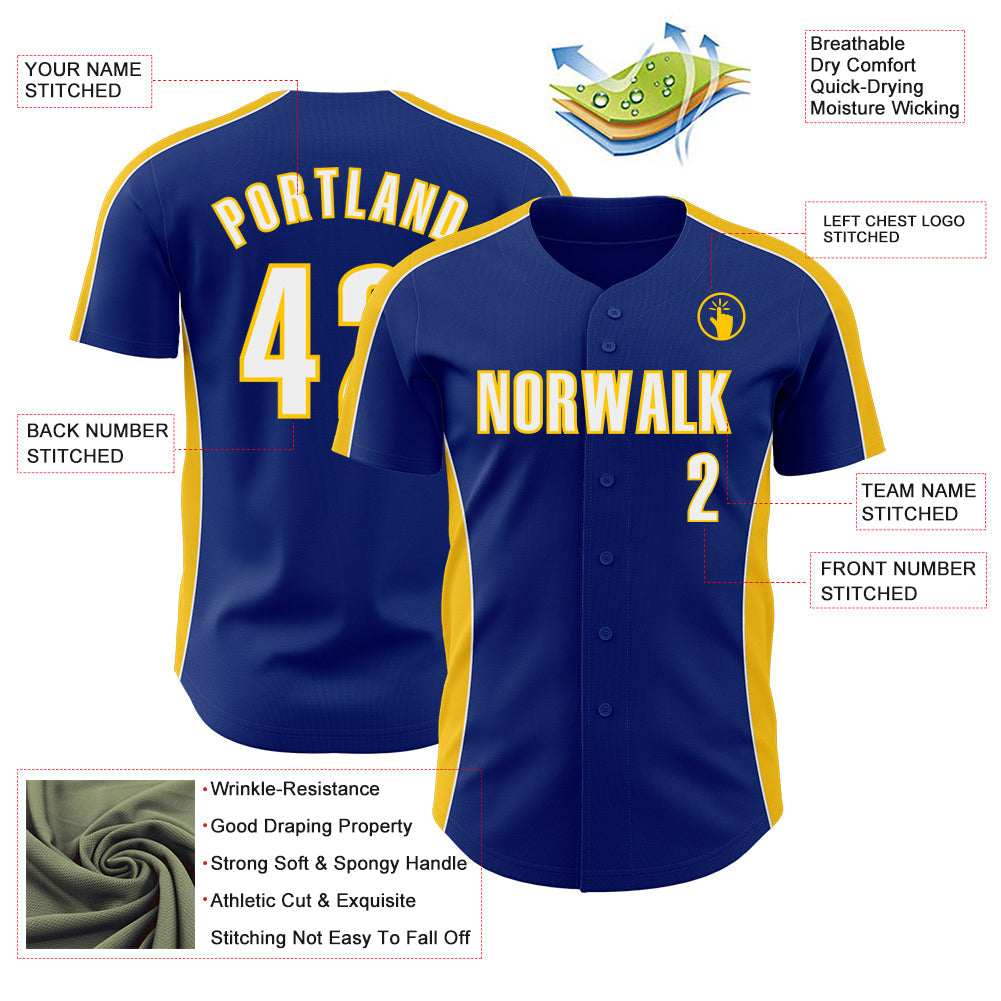 Custom Royal White-Yellow Classic Color Block Side Panel Stripe Authentic Baseball Jersey view 3