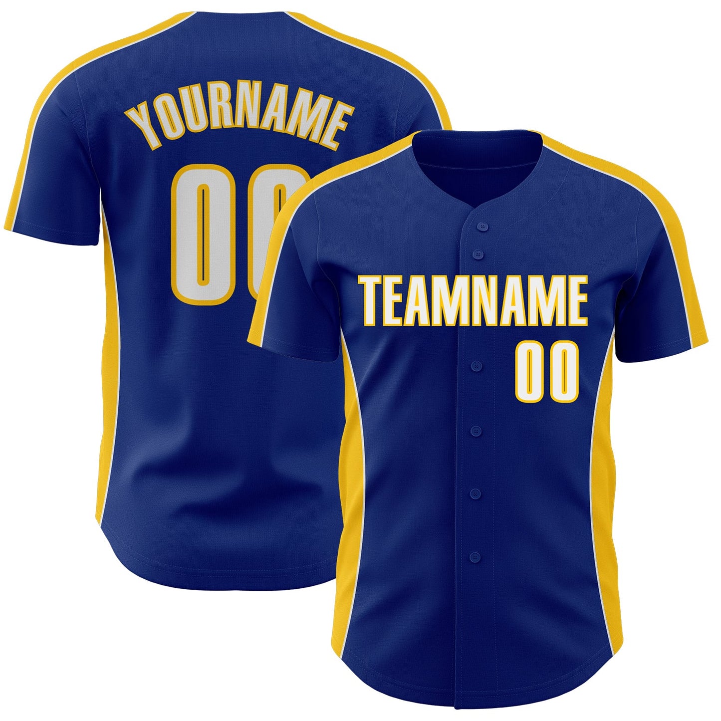 Custom Royal White-Yellow Classic Color Block Side Panel Stripe Authentic Baseball Jersey - Main View