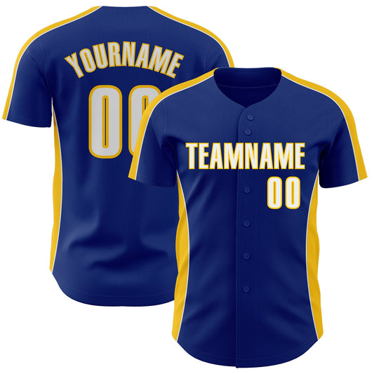 Custom Royal White-Yellow Classic Color Block Side Panel Stripe Authentic Baseball Jersey - Main View