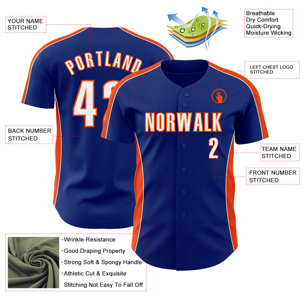Custom Royal White-Orange Classic Color Block Side Panel Stripe Authentic Baseball Jersey view 3