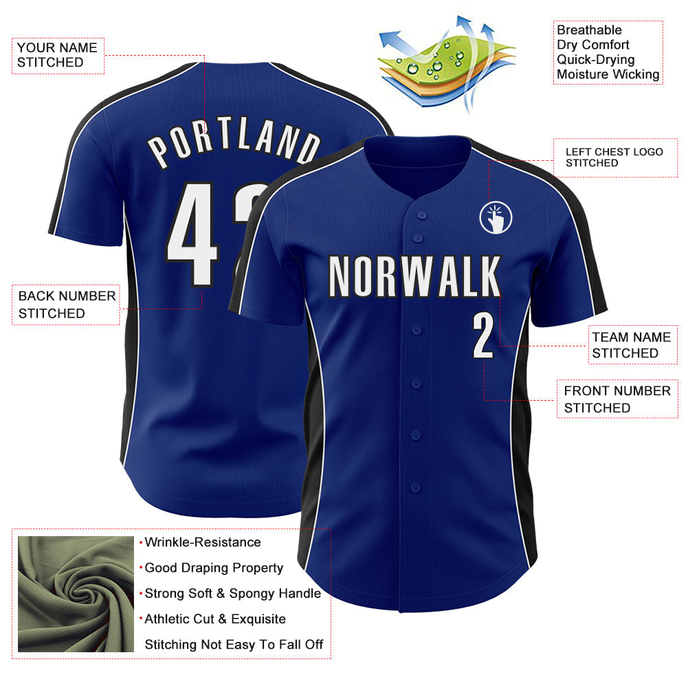 Custom Royal White-Black Classic Color Block Side Panel Stripe Authentic Baseball Jersey view 3
