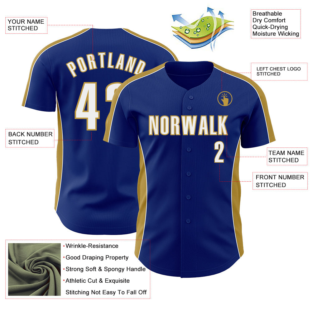 Custom Royal White-Old Gold Classic Color Block Side Panel Stripe Authentic Baseball Jersey view 3