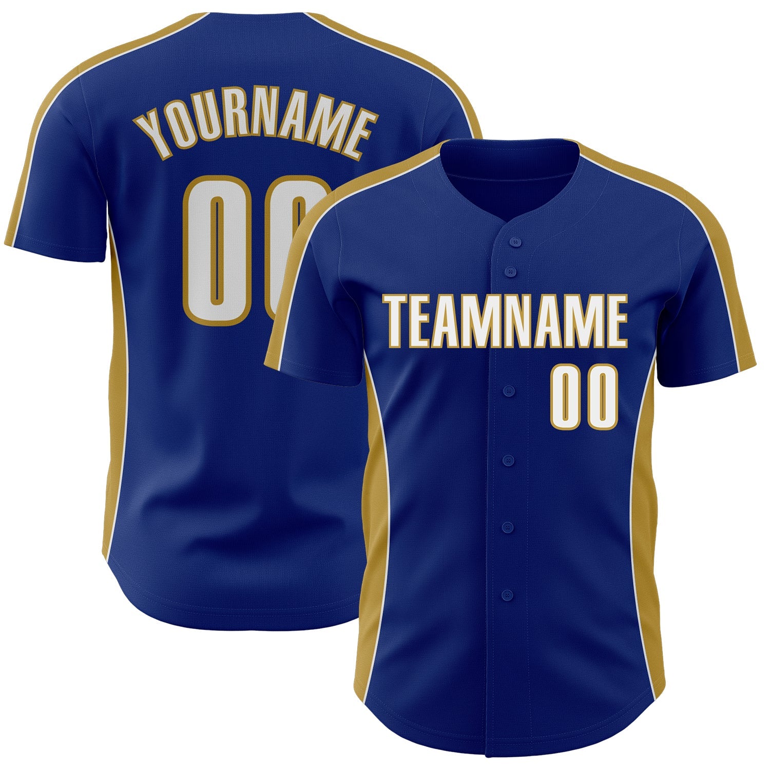 Custom Royal White-Old Gold Classic Color Block Side Panel Stripe Authentic Baseball Jersey - Main View