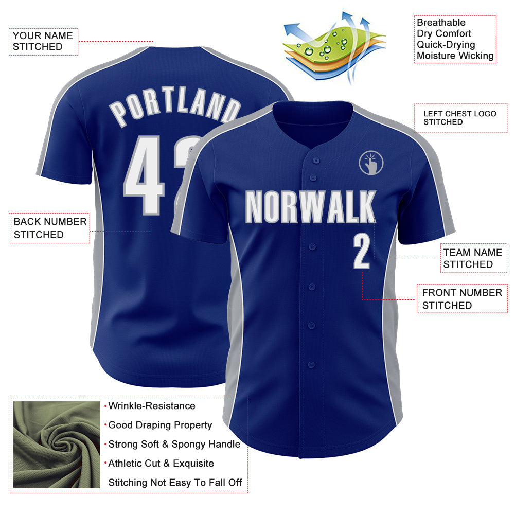 Custom Royal White-Gray Classic Color Block Side Panel Stripe Authentic Baseball Jersey view 3