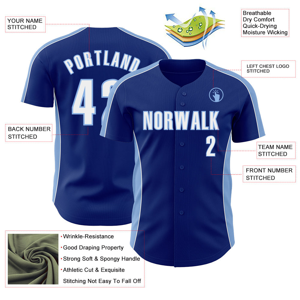 Custom Royal White-Light Blue Classic Color Block Side Panel Stripe Authentic Baseball Jersey view 3