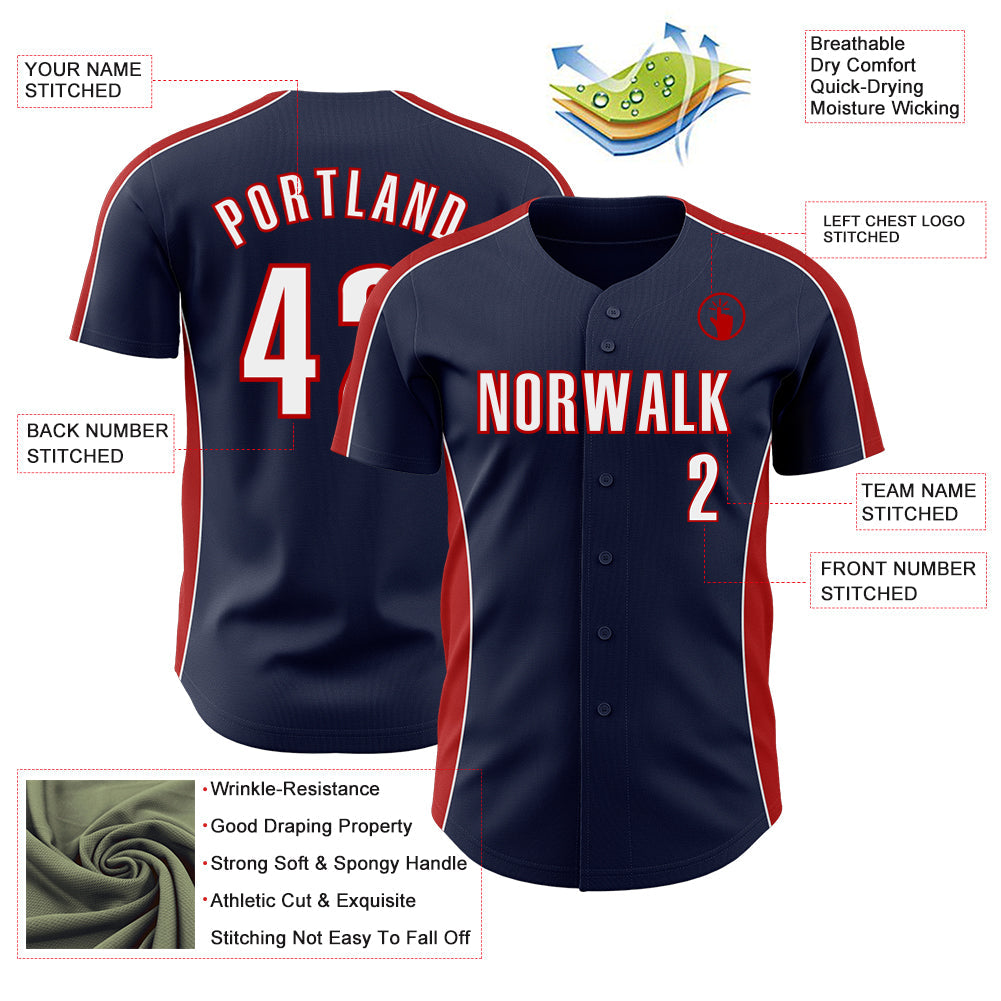 Custom Navy White-Red Classic Color Block Side Panel Stripe Authentic Baseball Jersey view 3