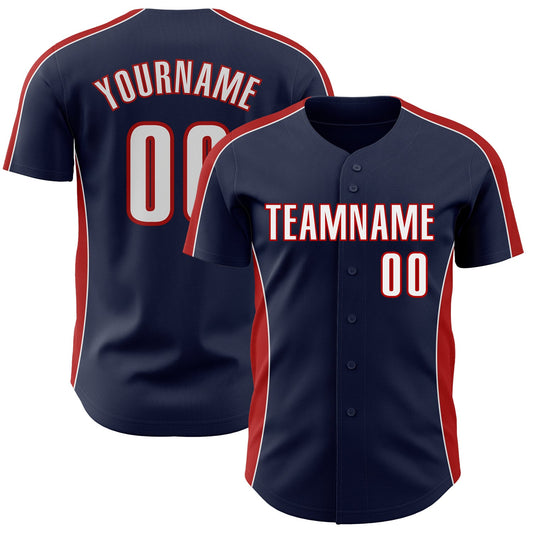 Custom Navy White-Red Classic Color Block Side Panel Stripe Authentic Baseball Jersey - Main View