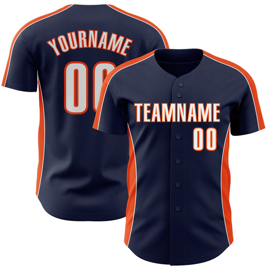 Custom Navy White-Orange Classic Color Block Side Panel Stripe Authentic Baseball Jersey - Main View