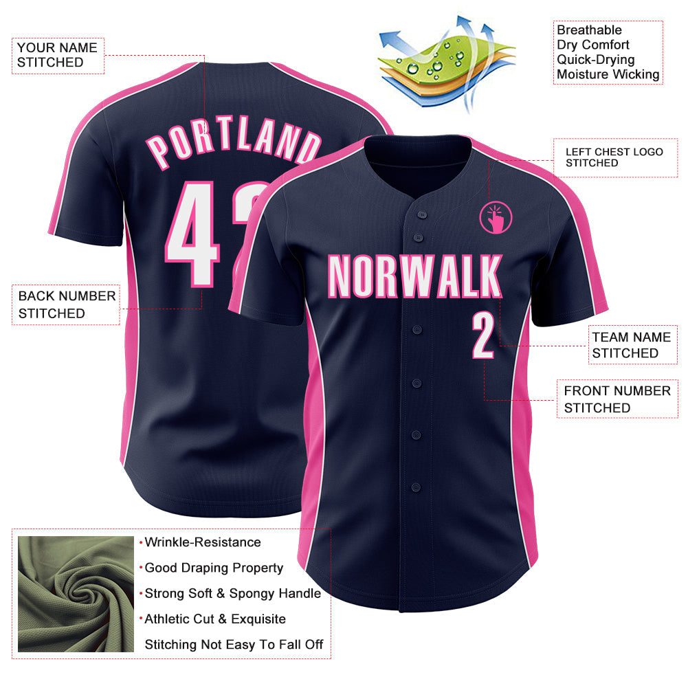 Custom Navy White-Pink Classic Color Block Side Panel Stripe Authentic Baseball Jersey view 3