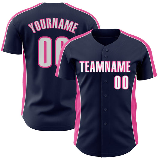 Custom Navy White-Pink Classic Color Block Side Panel Stripe Authentic Baseball Jersey - Main View