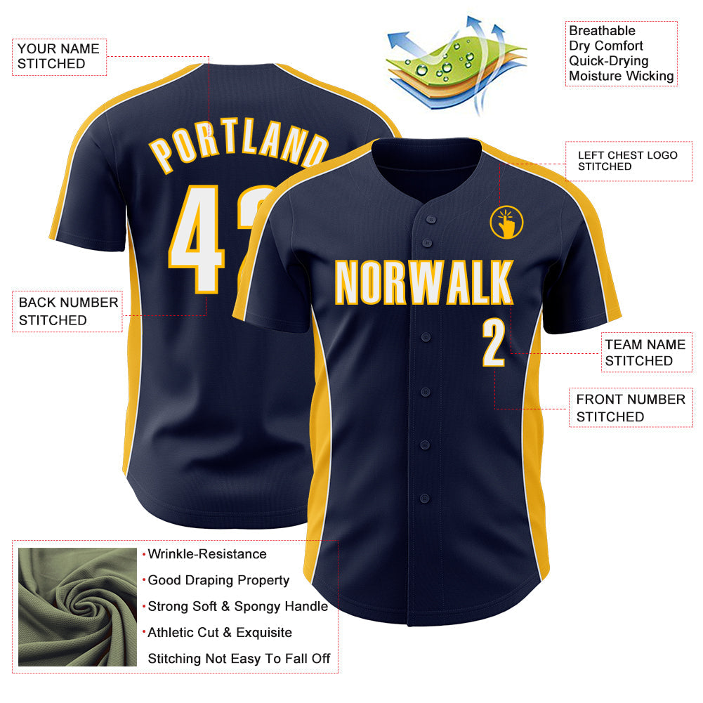 Custom Navy White-Gold Classic Color Block Side Panel Stripe Authentic Baseball Jersey view 3