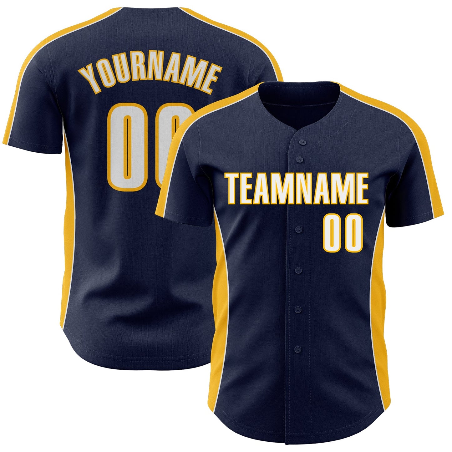 Custom Navy White-Gold Classic Color Block Side Panel Stripe Authentic Baseball Jersey - Main View