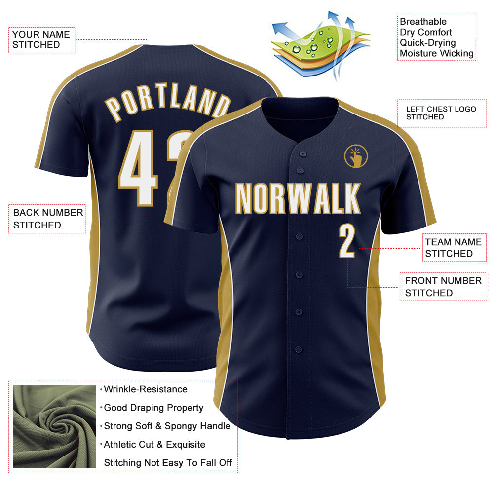 Custom Navy White-Old Gold Classic Color Block Side Panel Stripe Authentic Baseball Jersey view 3