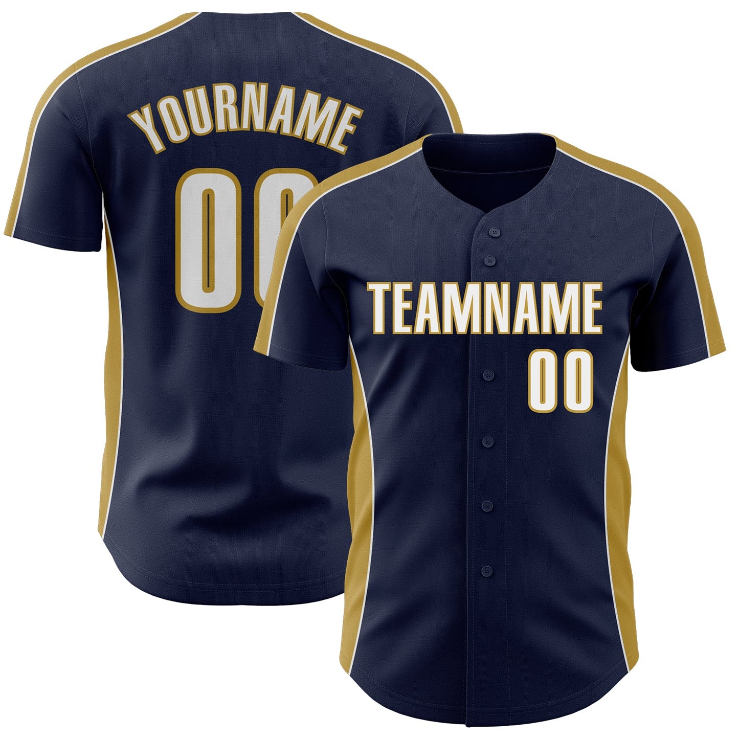 Custom Navy White-Old Gold Classic Color Block Side Panel Stripe Authentic Baseball Jersey - Main View