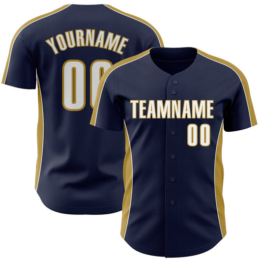 Custom Navy White-Old Gold Classic Color Block Side Panel Stripe Authentic Baseball Jersey - Main View
