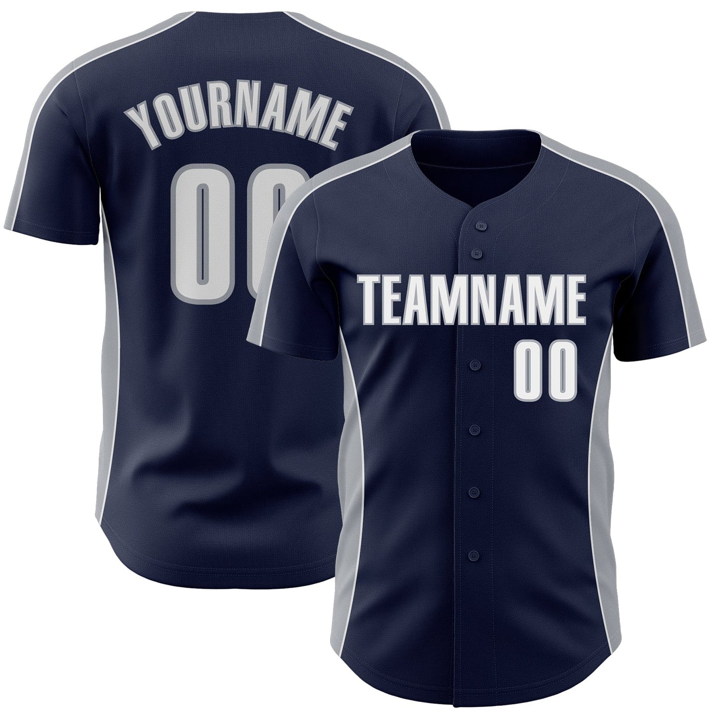 Custom Navy White-Gray Classic Color Block Side Panel Stripe Authentic Baseball Jersey - Main View