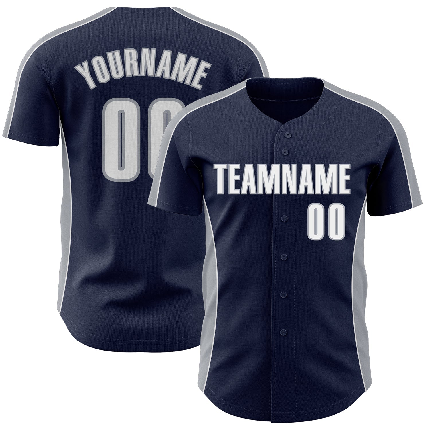 Custom Navy White-Gray Classic Color Block Side Panel Stripe Authentic Baseball Jersey - Main View