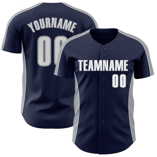 Custom Navy White-Gray Classic Color Block Side Panel Stripe Authentic Baseball Jersey - Main View
