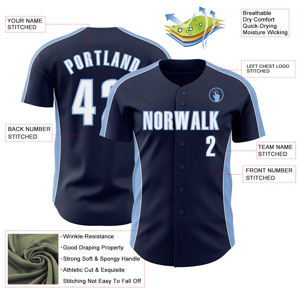 Custom Navy White-Light Blue Classic Color Block Side Panel Stripe Authentic Baseball Jersey view 3