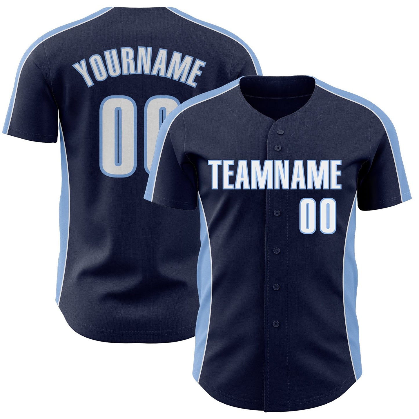 Custom Navy White-Light Blue Classic Color Block Side Panel Stripe Authentic Baseball Jersey - Main View