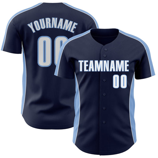 Custom Navy White-Light Blue Classic Color Block Side Panel Stripe Authentic Baseball Jersey - Main View