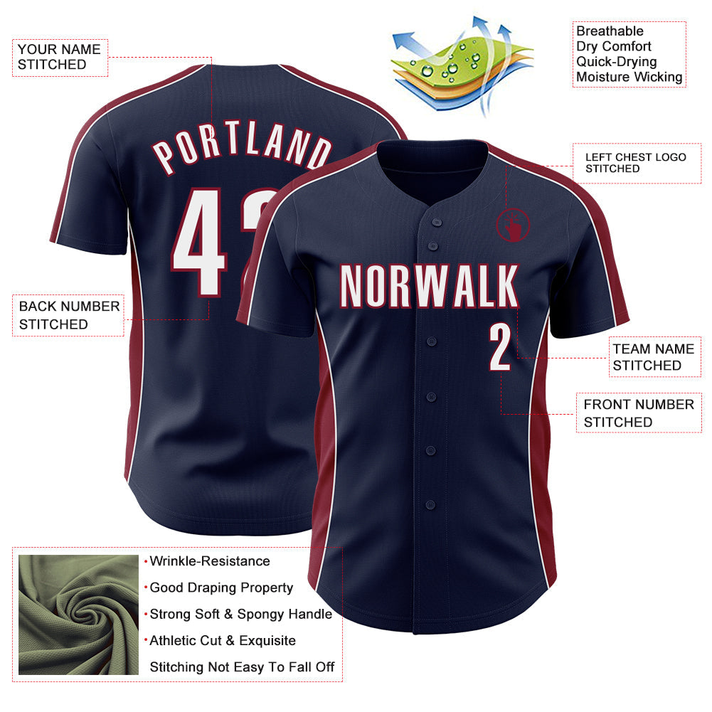 Custom Navy White-Crimson Classic Color Block Side Panel Stripe Authentic Baseball Jersey view 3