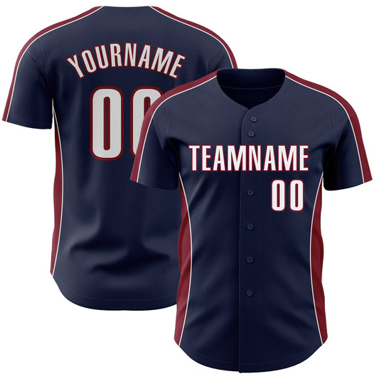Custom Navy White-Crimson Classic Color Block Side Panel Stripe Authentic Baseball Jersey - Main View
