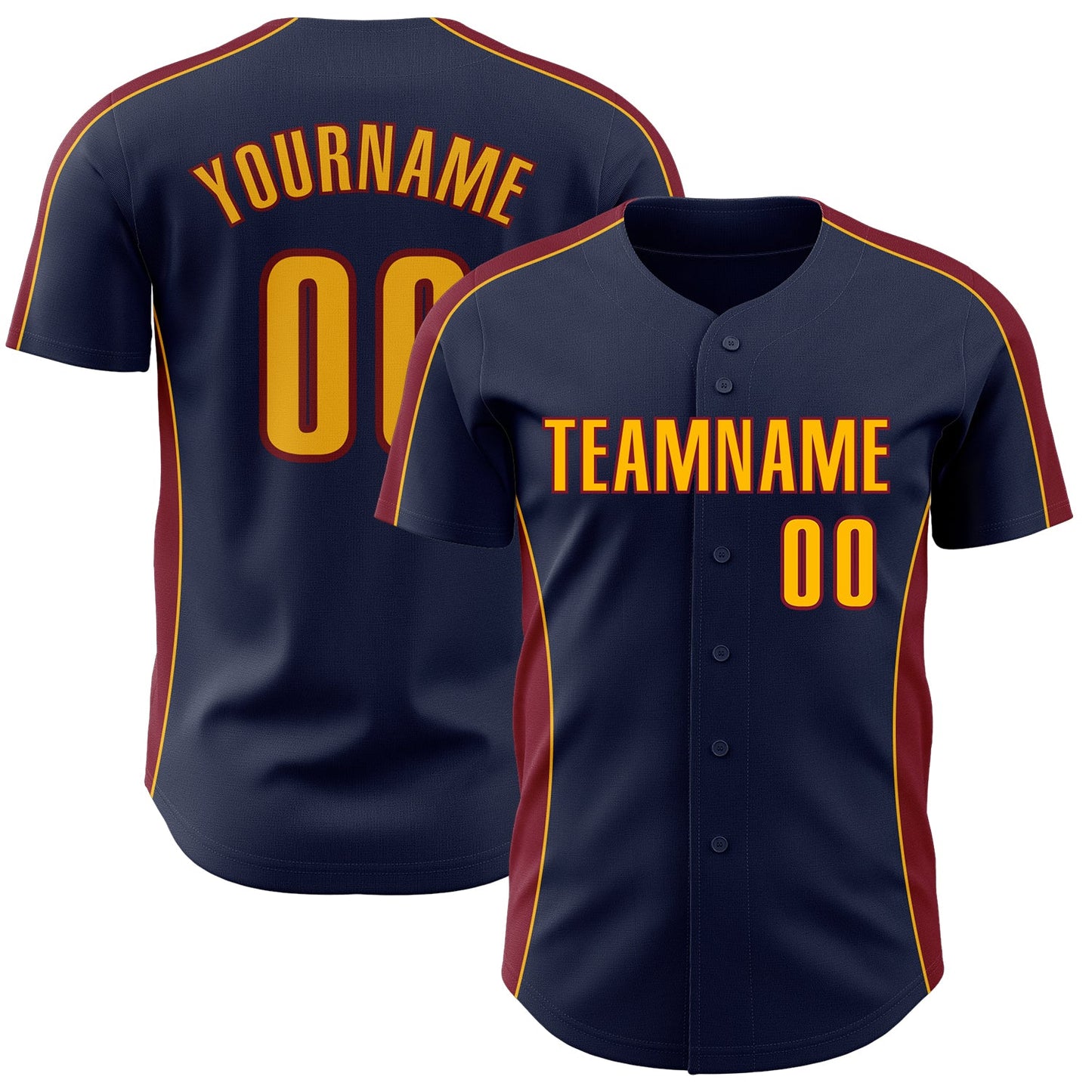 Custom Navy Gold-Crimson Classic Color Block Side Panel Stripe Authentic Baseball Jersey - Main View