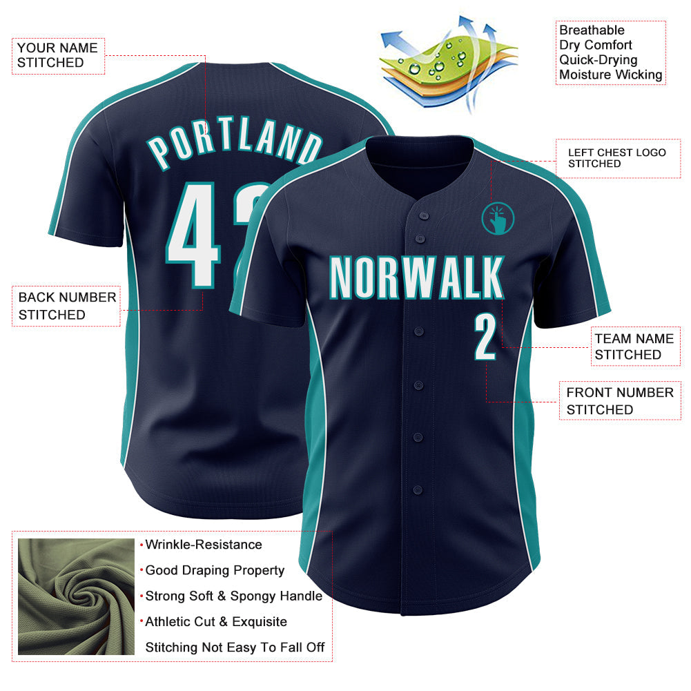 Custom Navy White-Teal Classic Color Block Side Panel Stripe Authentic Baseball Jersey view 3