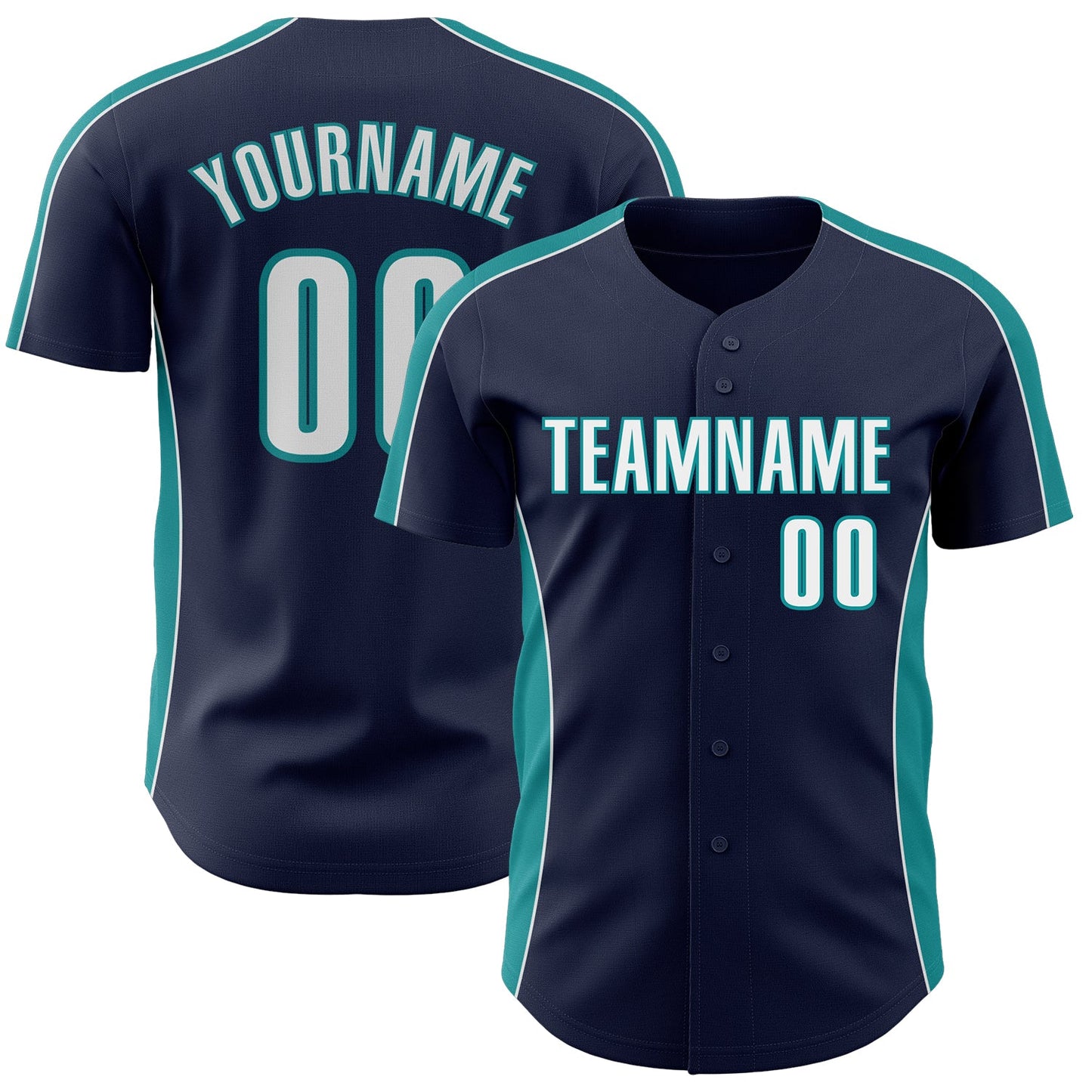 Custom Navy White-Teal Classic Color Block Side Panel Stripe Authentic Baseball Jersey - Main View