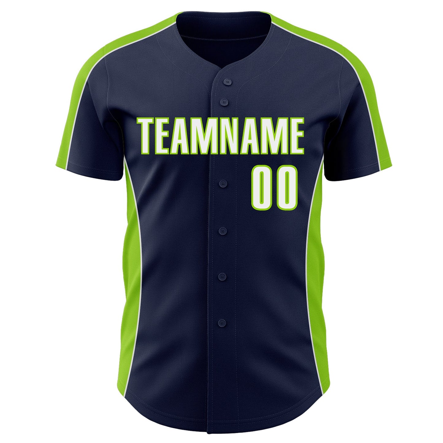 Custom Navy White-Neon Green Classic Color Block Side Panel Stripe Authentic Baseball Jersey view 2