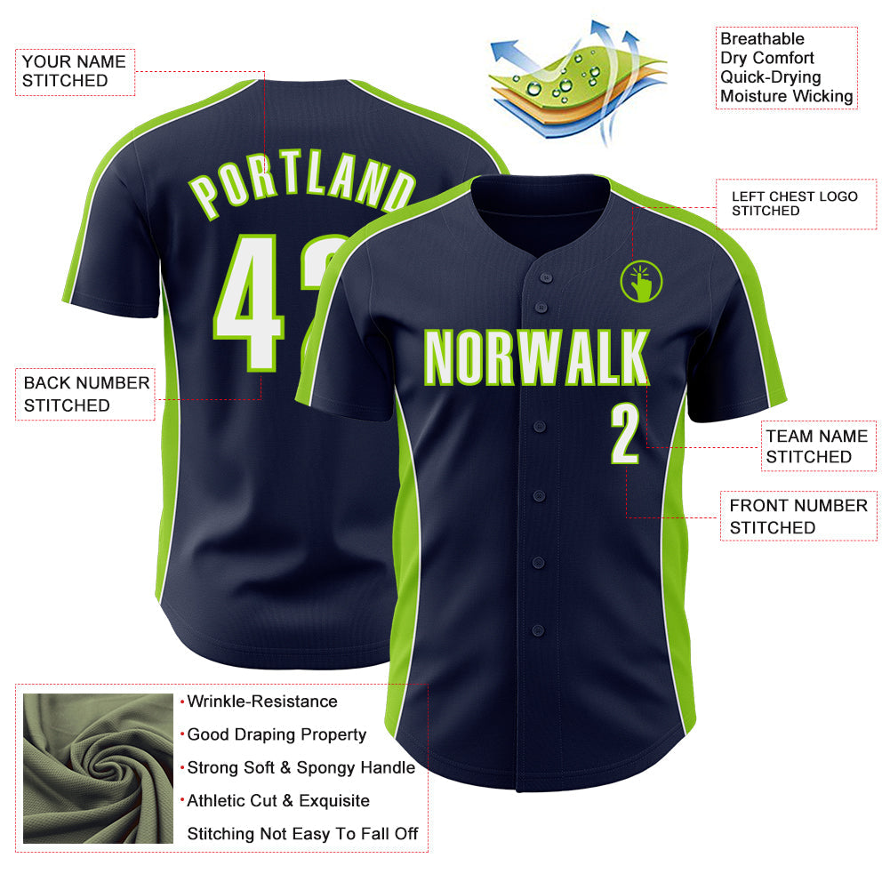 Custom Navy White-Neon Green Classic Color Block Side Panel Stripe Authentic Baseball Jersey view 3
