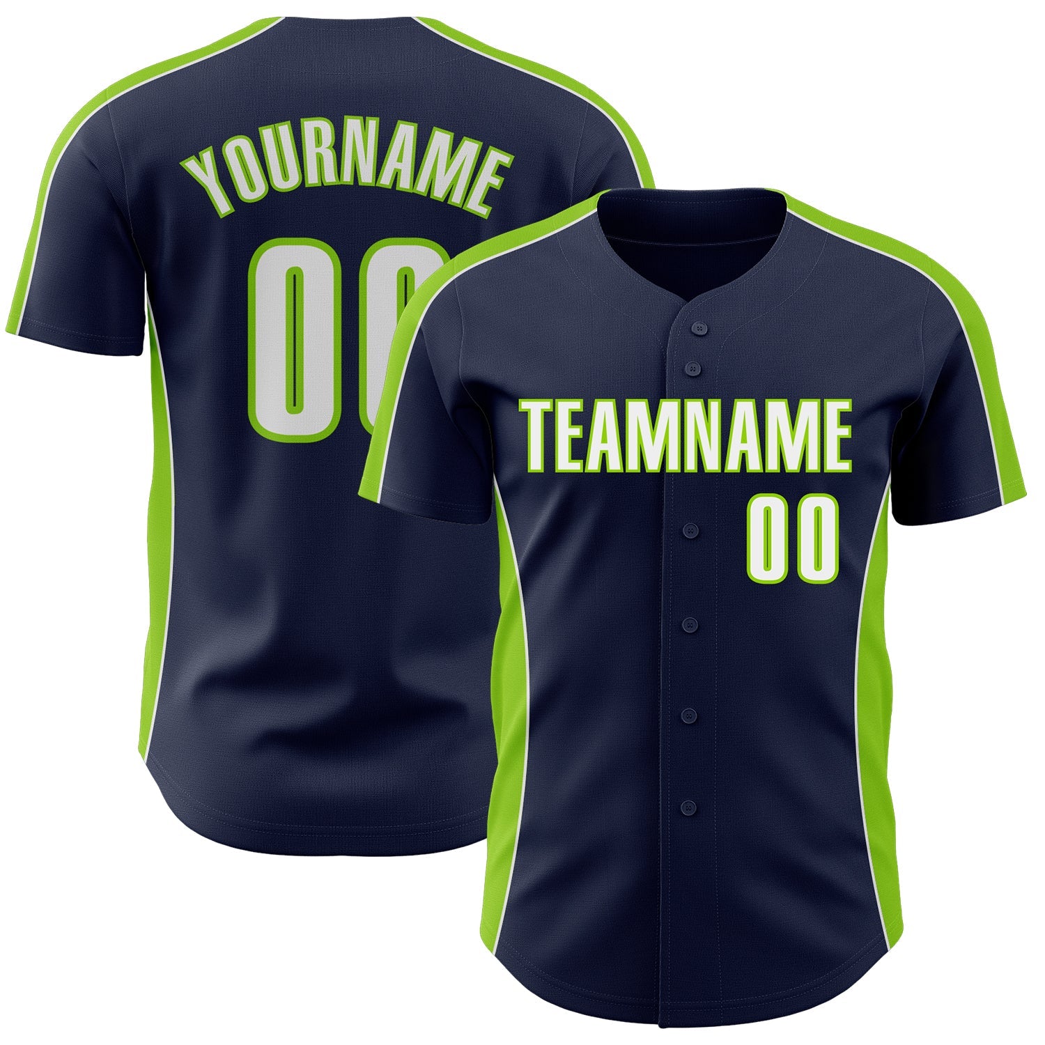 Custom Navy White-Neon Green Classic Color Block Side Panel Stripe Authentic Baseball Jersey - Main View