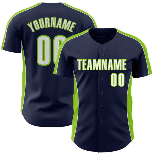Custom Navy White-Neon Green Classic Color Block Side Panel Stripe Authentic Baseball Jersey - Main View