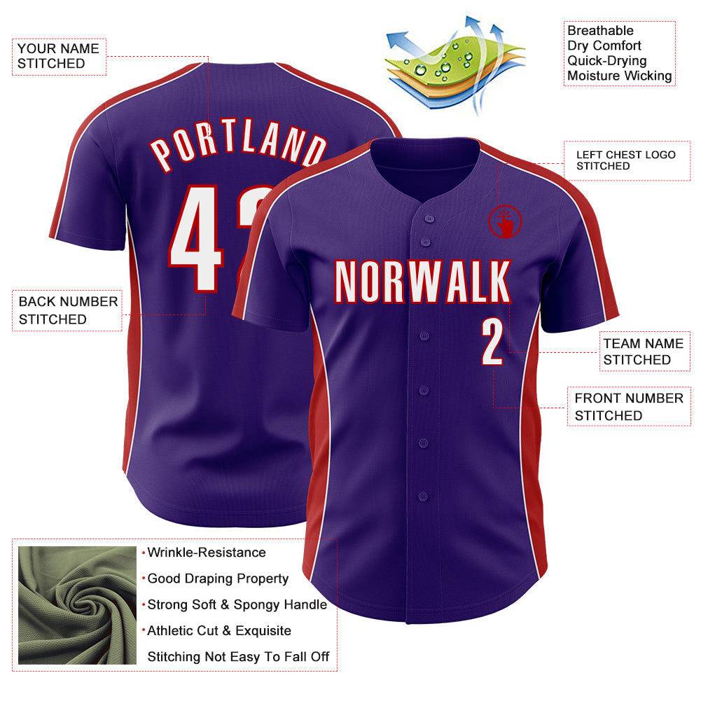 Custom Purple White-Red Classic Color Block Side Panel Stripe Authentic Baseball Jersey view 3