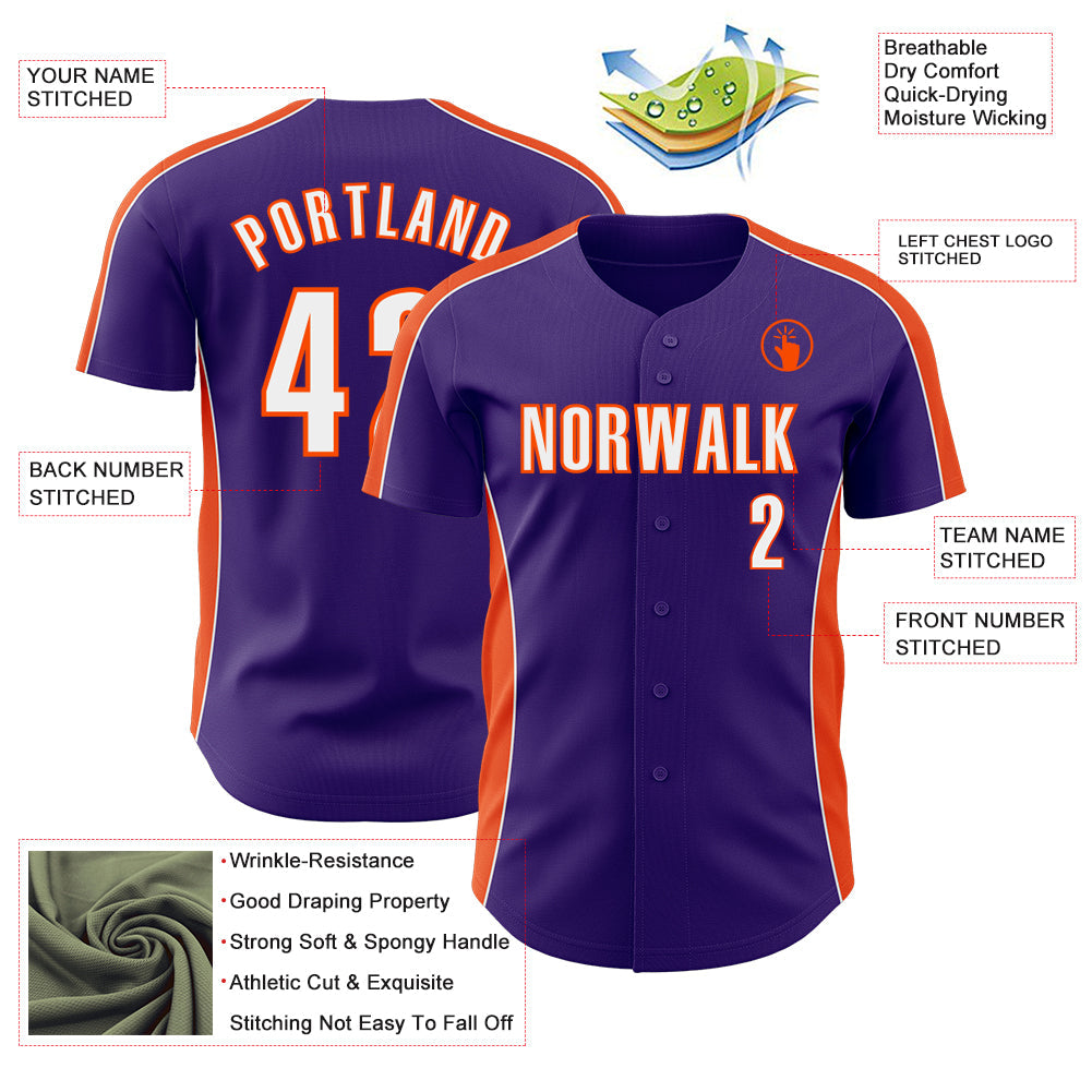 Custom Purple White-Orange Classic Color Block Side Panel Stripe Authentic Baseball Jersey view 3