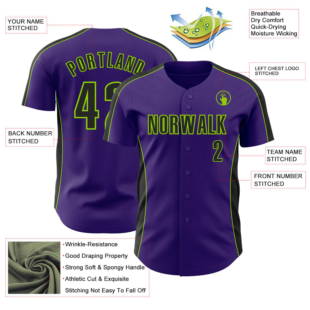 Custom Purple Black-Neon Green Classic Color Block Side Panel Stripe Authentic Baseball Jersey view 3