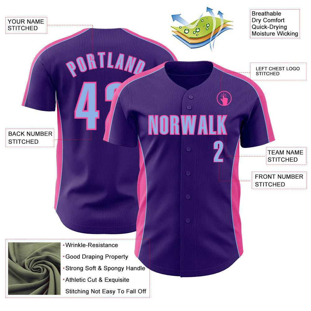 Custom Purple Light Blue-Pink Classic Color Block Side Panel Stripe Authentic Baseball Jersey view 3