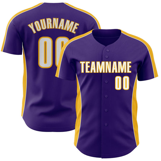 Custom Purple White-Gold Classic Color Block Side Panel Stripe Authentic Baseball Jersey - Main View