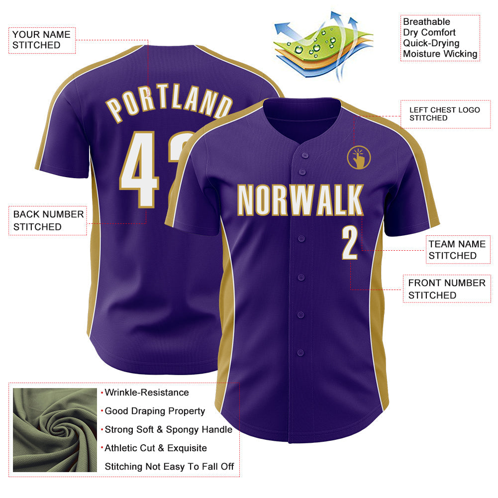Custom Purple White-Old Gold Classic Color Block Side Panel Stripe Authentic Baseball Jersey view 3