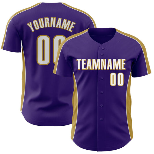 Custom Purple White-Old Gold Classic Color Block Side Panel Stripe Authentic Baseball Jersey - Main View
