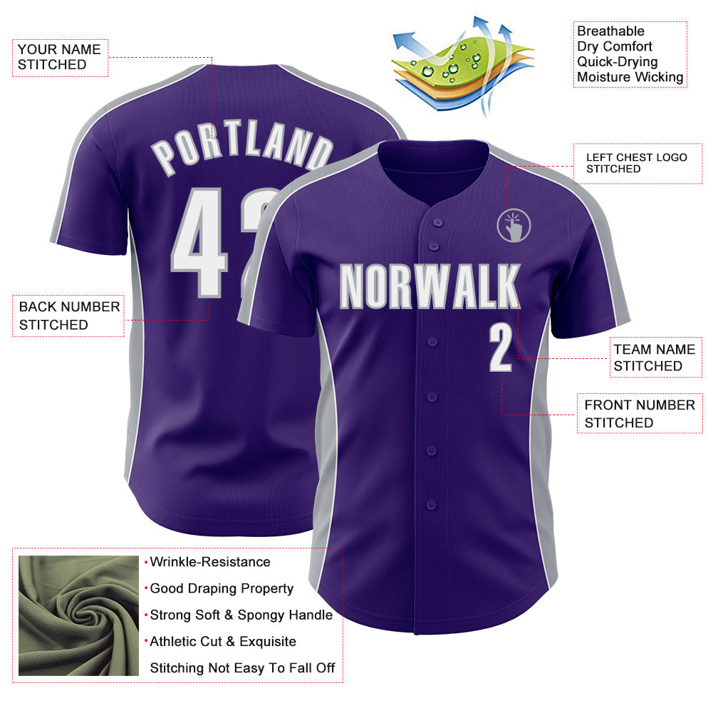 Custom Purple White-Gray Classic Color Block Side Panel Stripe Authentic Baseball Jersey view 3