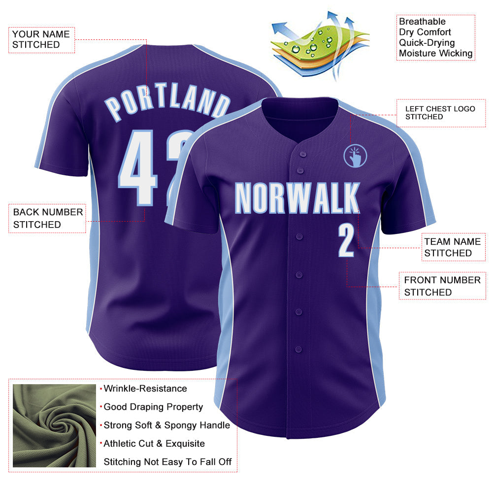 Custom Purple White-Light Blue Classic Color Block Side Panel Stripe Authentic Baseball Jersey view 3