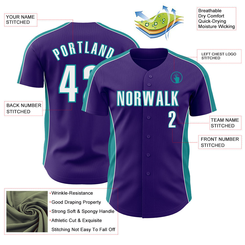 Custom Purple White-Teal Classic Color Block Side Panel Stripe Authentic Baseball Jersey view 3