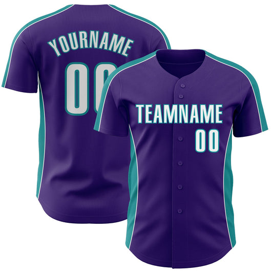 Custom Purple White-Teal Classic Color Block Side Panel Stripe Authentic Baseball Jersey - Main View