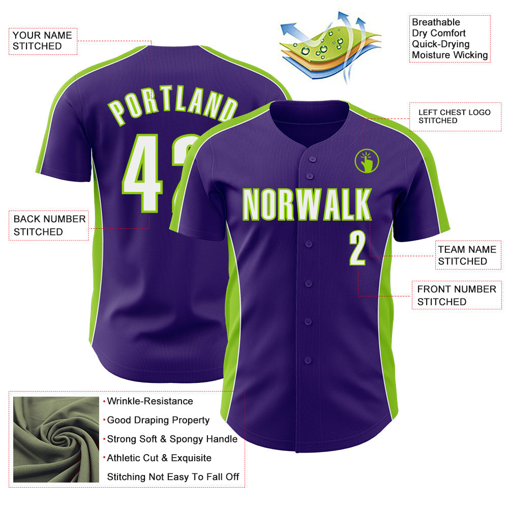 Custom Purple White-Neon Green Classic Color Block Side Panel Stripe Authentic Baseball Jersey view 3